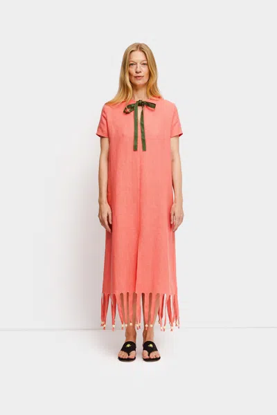 Sleeper Lambada Fringed Linen Maxi Dress In Strawberry