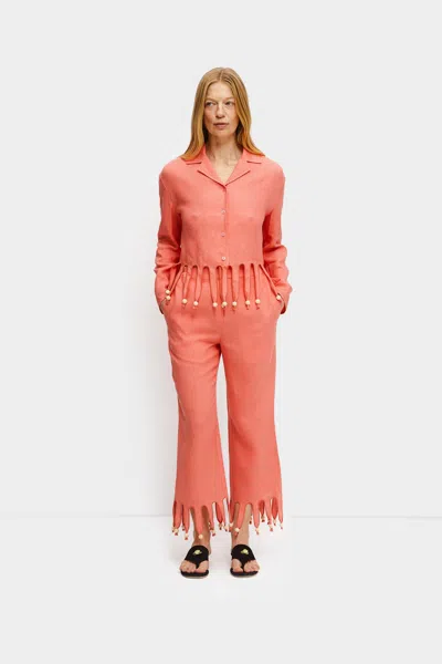Sleeper Lambada Fringed Linen Shirt In Strawberry