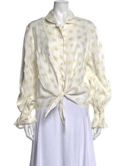 Pre-owned Sleeper Linen Floral Print Blouse W/ Tags In White