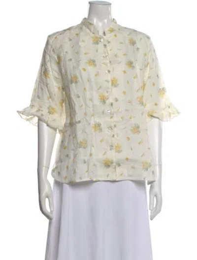 Pre-owned Sleeper Linen Floral Print Blouse In White
