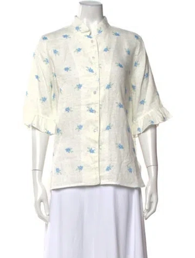 Pre-owned Sleeper Linen Floral Print Blouse In White