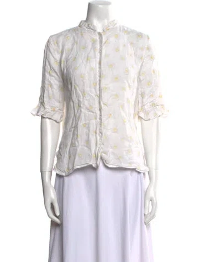 Pre-owned Sleeper Linen Floral Print Button-up Top In Yellow