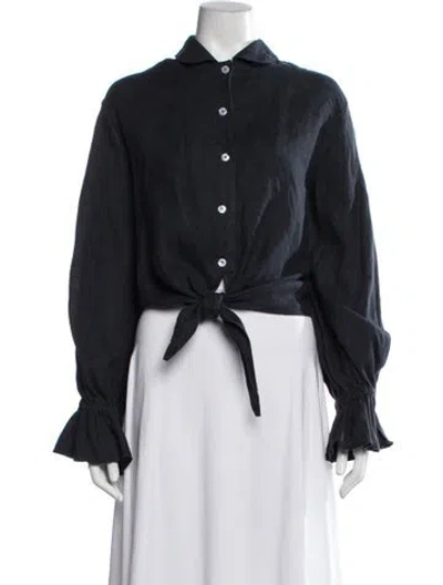 Pre-owned Sleeper Linen Long Sleeve Button-up Top In Blue