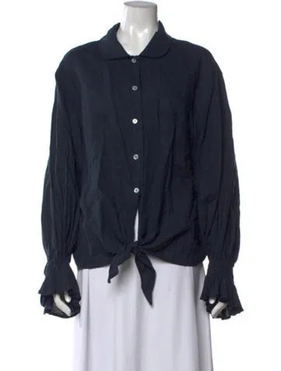 Pre-owned Sleeper Linen Long Sleeve Button-up Top In Blue