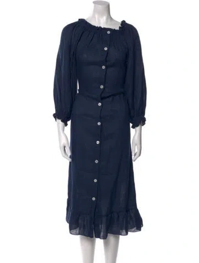 Pre-owned Sleeper Linen Midi Length Dress In Blue