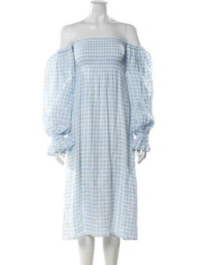 Pre-owned Sleeper Linen Midi Length Dress In Blue/white