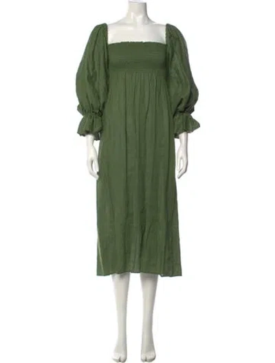 Pre-owned Sleeper Linen Midi Length Dress In Green