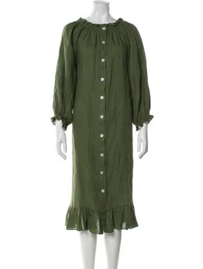 Pre-owned Sleeper Linen Midi Length Dress In Green