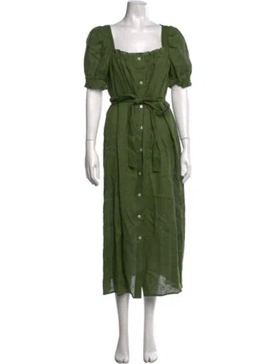 Pre-owned Sleeper Linen Midi Length Dress In Green