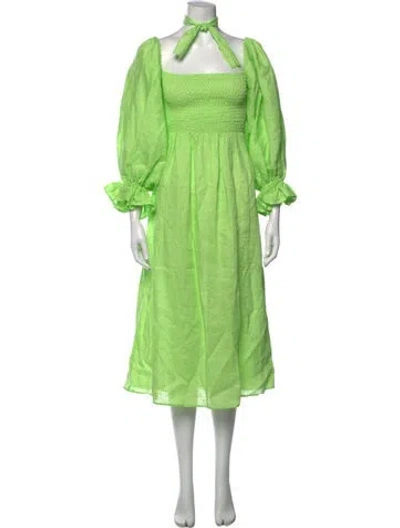 Pre-owned Sleeper Linen Midi Length Dress In Green