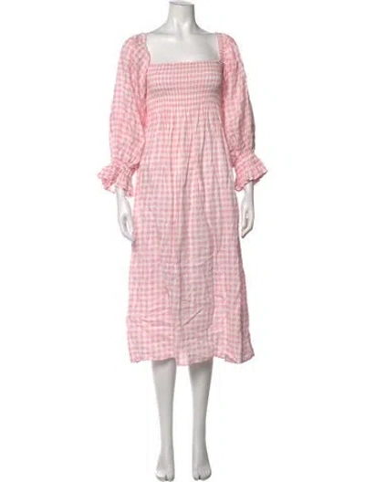 Pre-owned Sleeper Linen Midi Length Dress In Pink/white