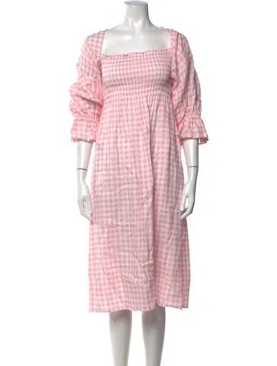 Pre-owned Sleeper Linen Midi Length Dress In Pink/white