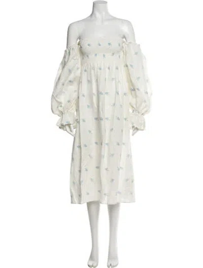 Pre-owned Sleeper Linen Midi Length Dress In White