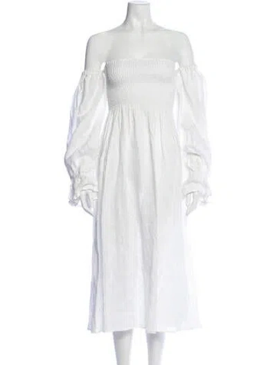 Pre-owned Sleeper Linen Midi Length Dress In White