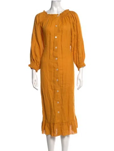 Pre-owned Sleeper Linen Midi Length Dress In Yellow