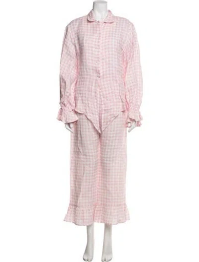 Pre-owned Sleeper Linen Plaid Print Pajamas In Pink