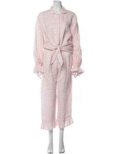 Pre-owned Sleeper Linen Plaid Print Pajamas In Pink