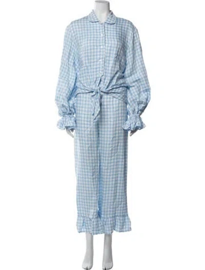 Pre-owned Sleeper Linen Plaid Print Pajamas W/ Tags In Blue