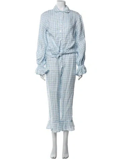 Pre-owned Sleeper Linen Plaid Print Pant Set In Blue
