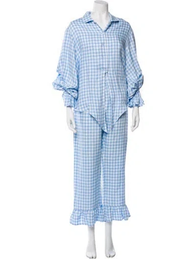 Pre-owned Sleeper Linen Plaid Print Set In Blue