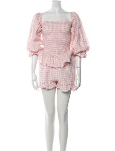 Pre-owned Sleeper Linen Plaid Print Short Set In Pink