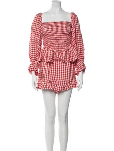 Pre-owned Sleeper Linen Plaid Print Short Set In Pink