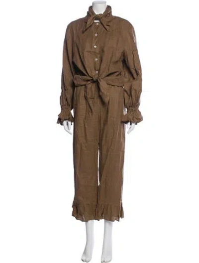 Pre-owned Sleeper Linen Ruffle Embellishment Pajamas In Brown
