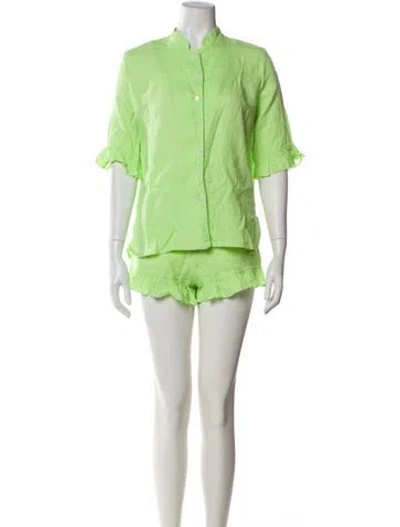 Pre-owned Sleeper Linen Ruffle Embellishment Pajamas In Green