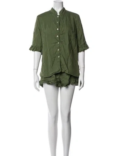 Pre-owned Sleeper Linen Ruffle Embellishment Pajamas In Green