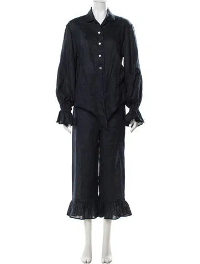 Pre-owned Sleeper Linen Ruffle Embellishment Pant Set In Blue