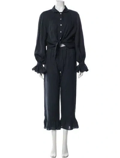 Pre-owned Sleeper Linen Ruffle Embellishment Pant Set In Blue