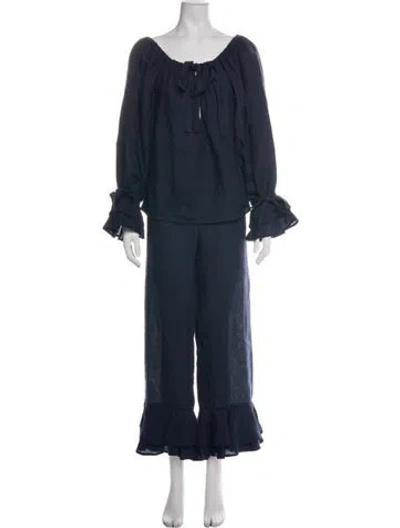 Pre-owned Sleeper Linen Ruffle Embellishment Pant Set W/ Tags In Blue