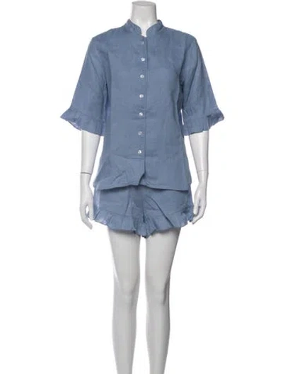Pre-owned Sleeper Linen Ruffle Embellishment Short Set In Blue