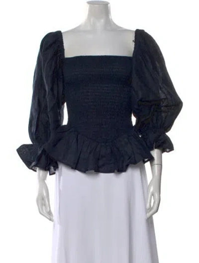 Pre-owned Sleeper Linen Square Neckline Blouse In Blue