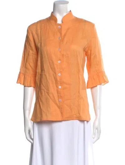 Pre-owned Sleeper Linen Three-quarter Sleeve Button-up Top In Orange