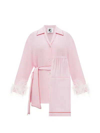 Sleeper 미스 캣 벨트 페더 디테일 파자마 세트 In Pink