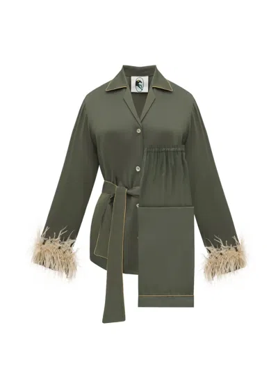 Sleeper 미스 캣 벨트 페더 트리밍 파자마 세트 In Green