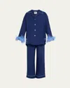 Sleeper Miss Cat Piped Feather-trim Pajama Set In Navy
