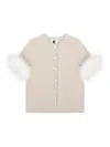Sleeper Miss Kitty Short Sleeve Cardigan With Detachable Feathers In Beige In Neutral