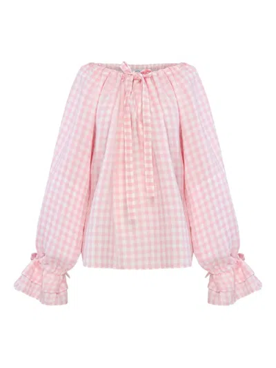 Sleeper Off-shoulder Checked Blouse