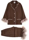 Sleeper Party Feather-trimmed Pyjama Set In Brown