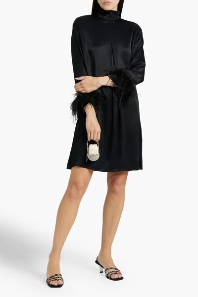 Sleeper Party Feather Trimmed Satin Dress In Black