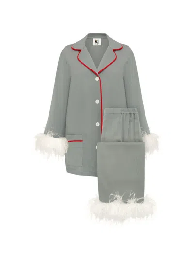 Sleeper Party Feather-trim Pajamas In Gray