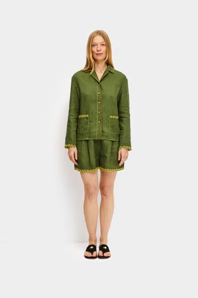 SLEEPER PETRA EMBROIDERED LINEN SHIRT IN GREEN