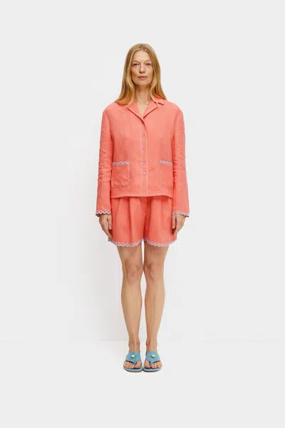 Sleeper Petra Embroidered Linen Shorts In Strawberry In Rot