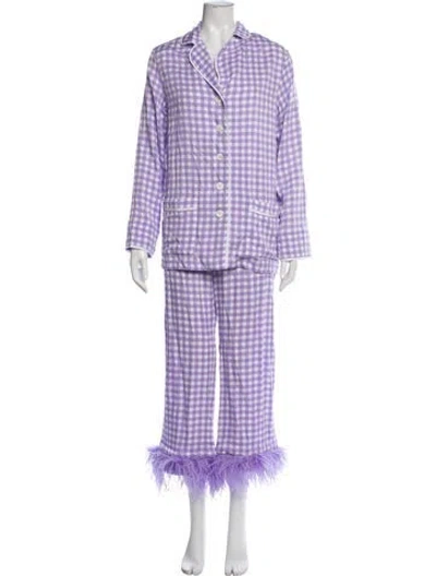 Pre-owned Sleeper Plaid Print Feather Trim Lounge Set W/ Tags In Purple