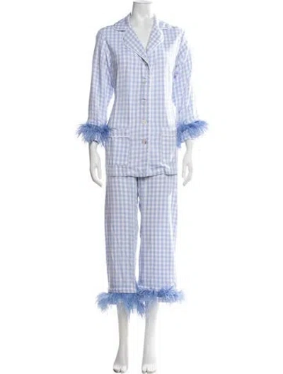 Pre-owned Sleeper Plaid Print Feather Trim Pajamas In Blue