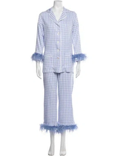 Pre-owned Sleeper Plaid Print Feather Trim Pajamas In Blue/white