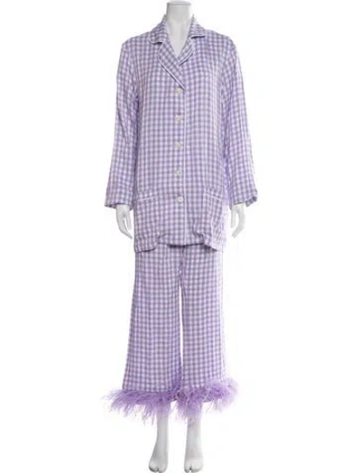 Pre-owned Sleeper Plaid Print Feather Trim Pajamas In Purple
