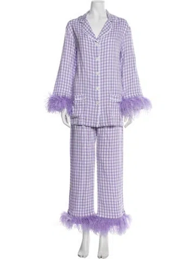 Pre-owned Sleeper Plaid Print Feather Trim Pajamas In Purple